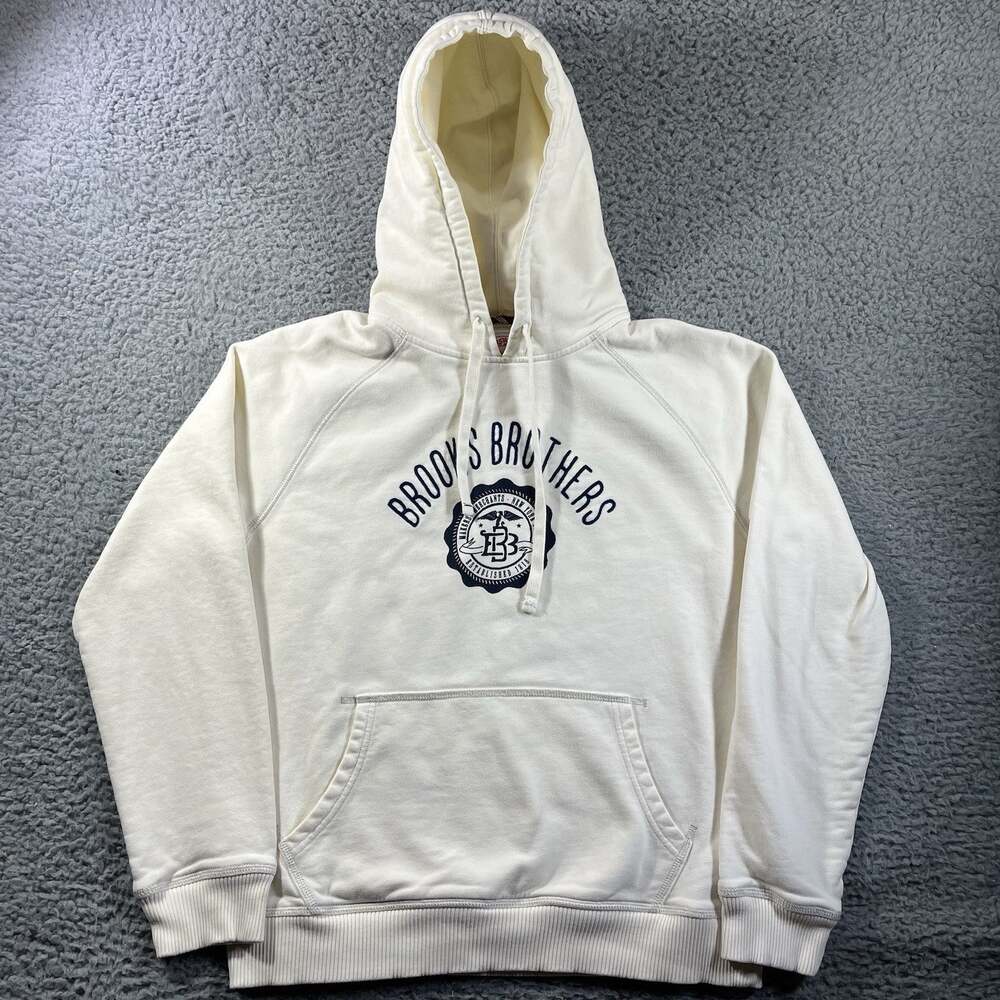 Brooks Brothers Sweatshirt Mens Medium White Cream Graphic Spellout Hoodie